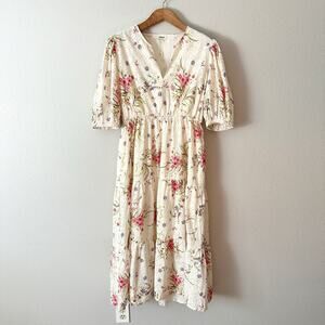 Tolani 100% Cotton Eyelet Lace Cream Floral Tiered Midi Dress Women's Size Large